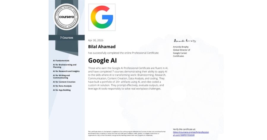 Google AI Professional Certificate certificate preview